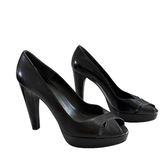 Stuart‎ Weitzman black leather platform peep toe heel size 8 - Picture 1 of 8